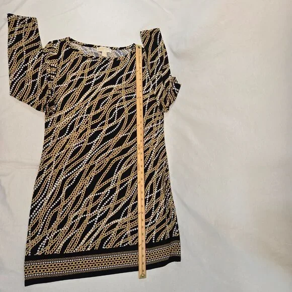 MICHAEL KORS Old Money Black/Gold Chain/Pearl Pattern Border Shift Dress Size L. - Picture 13 of 16